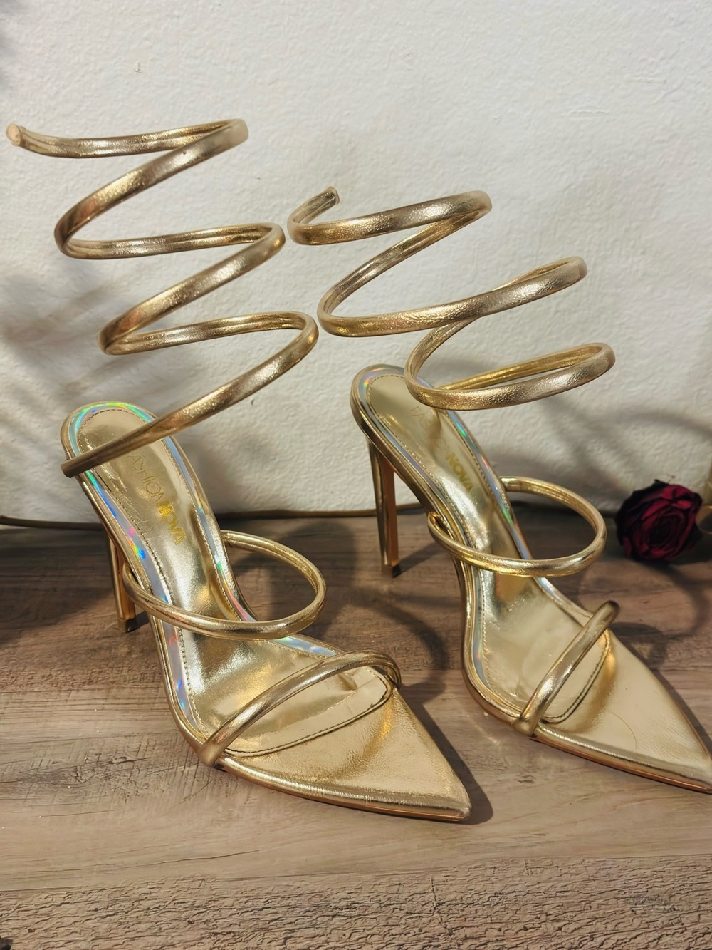 Fashion Nova Metallic Gold Spiral-Strap Stiletto Sandals